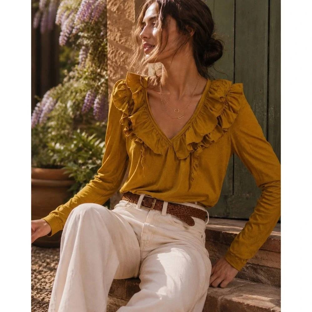 Anthropologie V Neck Ruffled Puff Sleeve T-Shirt Size S Color Holly Yellow